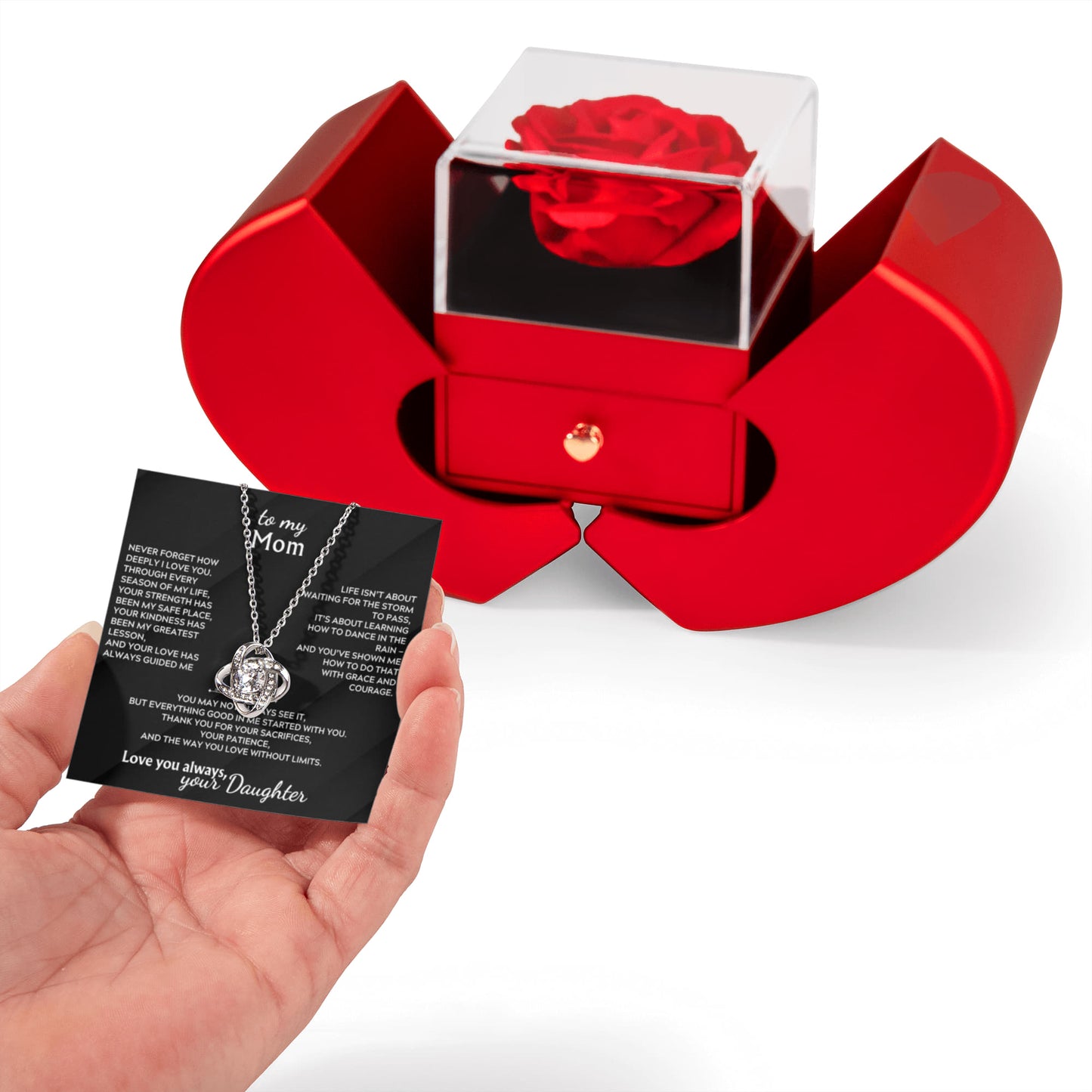 Gift for Mom Love Knot Necklace – Rose Gift Box Set (Daughter)