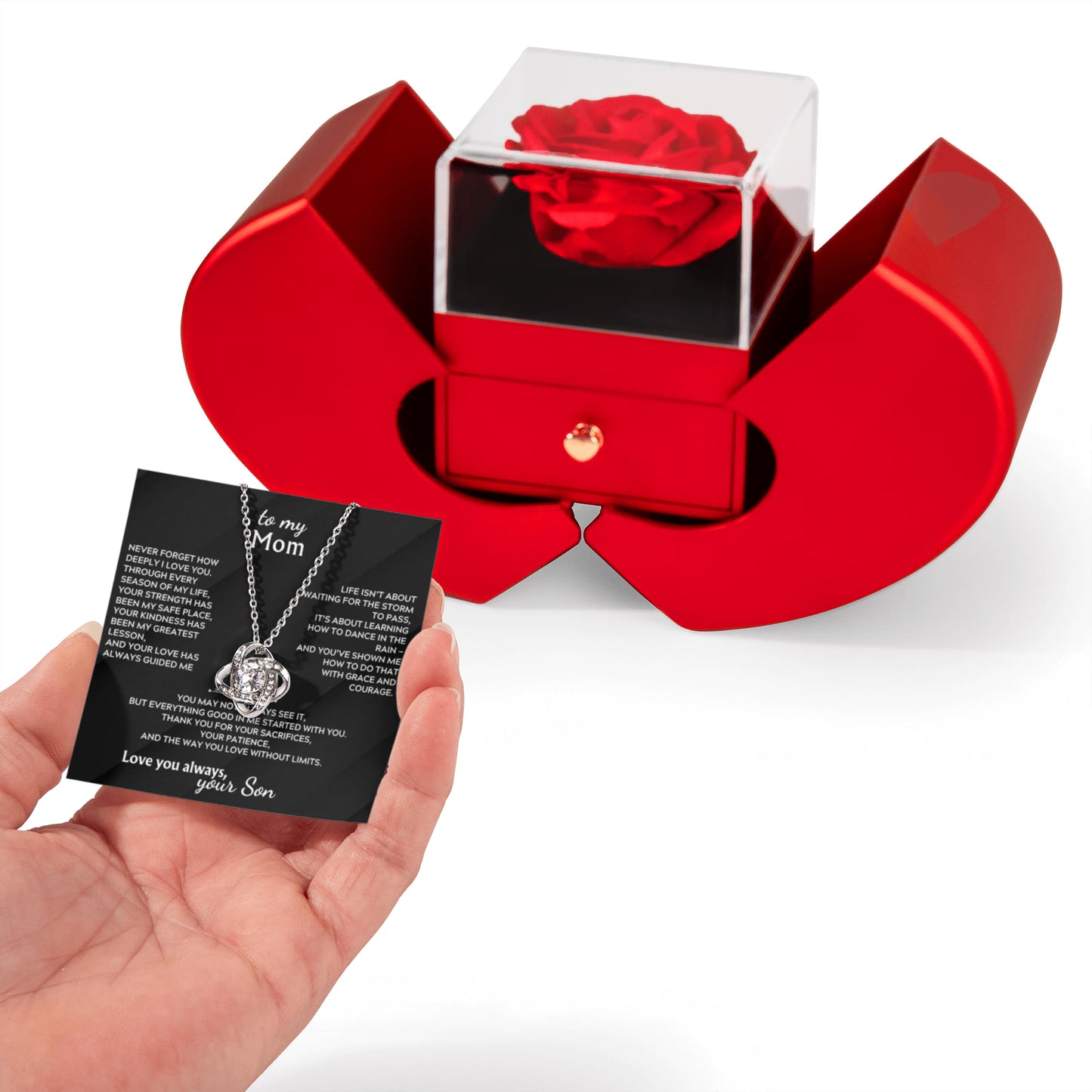 Gift for Mom Love Knot Necklace – Rose Gift Box Set (Son)